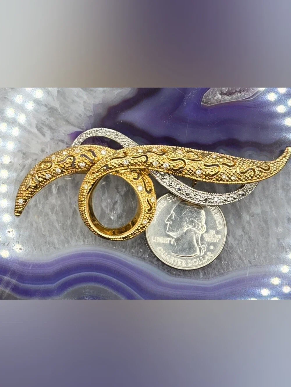 Avon Brooch Gold & Silver Tones Textured w/ Faceted Glass Crystals